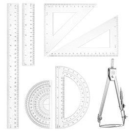 7 PCS Geometry Math Set, Plastic Clear Ruler and Drawing Compass with Box Protractor and Compass Set Measuring Tools for Students Teachers Office Supplies School Classroom Home