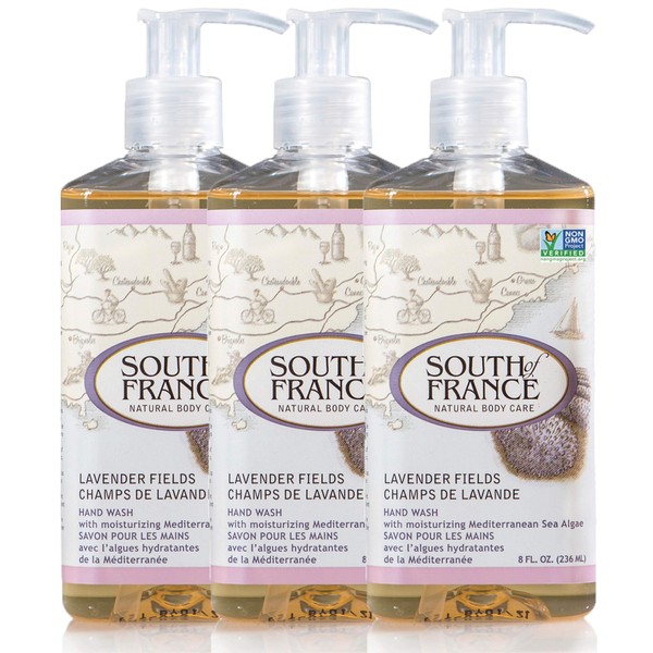 Lavender Fields Clean Hand Wash by South of France Clean Body Care | Moisturizing Liquid Hand Soap with Mediterranean Sea Algae | 8 oz Pump Bottle – 3 Pack