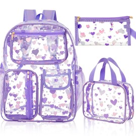 Silkfly 3 Pcs Clear Backpack Transparent PVC Clear Bookbag with Lunch Bag Pencil Case for Stadium Approved See Through Bag(Heart,Purple)