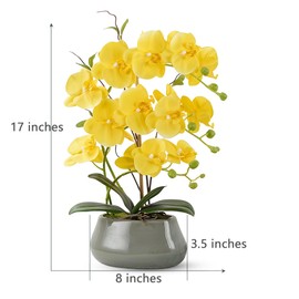 Orchid Artificial Flowers with Gray Vase Large Silk Faux Phalaenopsis Flowers for Dining Room Table Floral Centerpieces Indoor Decoration,Yellow