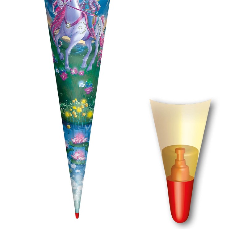ROTH Motiv-Schultüte, Magische Einhornreiterin, 70 cm, rund, Rot(h)-Spitze, Filzverschluss, Glitter