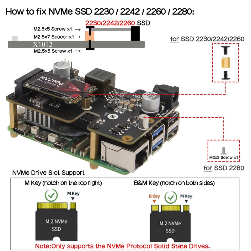 Geekworm X1012 PCIe to M.2 HAT Key-M NVMe SSD and