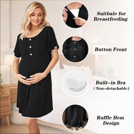 UoQo Nursing Nightdress Soft Maternity Breastfeeding Nightwear Ruffle Hem Labour Nightie Birthing Gown Pyjamas for Women Hospital Bag Pregnancy Essentials