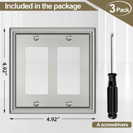 Double Decorator Switch Covers Wall Plate, Brushed Nickel Decorative Rocker Switch Plates Outlet Covers for Receptacle, GFCI Outlet, Dimmer - Classic Style, 3 Pack
