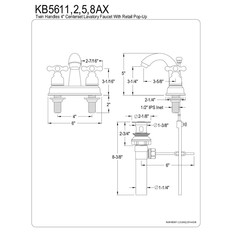 Kingston Brass KB5612AX Restoration 4-Inch Centerset Lavatory Faucet, Polished