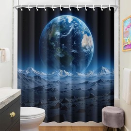 IOHEFY Earth View Shower Curtain 72x72 Inch with Hooks Outer Space Planet Scene Fabric Bathroom Decor with Distant Earth and Alien Terrain for Astronomy Sci Fi Lovers Cosmic Bathtub