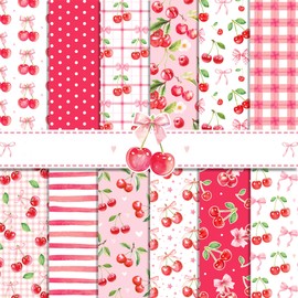 Cotrida 24 Sheets Cherry Fruit Scrapbook Paper, Pink Patterns Decorative Craft Folded Flat for Birthday Wedding Card Making Photo Album Decor, 12'' x 12''
