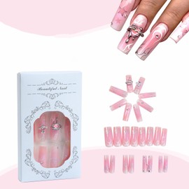 BABALAL Long Square Press on Nails Pink Fake Nails Y2k Glue ons Nails Metallic Sliver Heart Charm Design Acrylic Nails 24Pcs Squoval False Nails