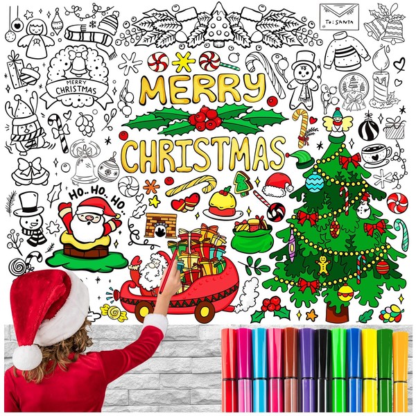 KVCSYAW Christmas Giant Coloring Poster with 12 Pcs Paint Pens, 39.4 x 31.5 Inch Jumbo Coloring Poster with Tree, Huge Coloring Paper Large Coloring Sheets for Christmas School Home Birthday Party