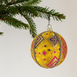 Adah Handmade Upcycled Bauble | 8cm Yellow with Gold Brocade | Pops of Pink and Purple | Unique Christmas Ornament | Eco-Friendly Décor | Sustainable Elegant Tree Decoration