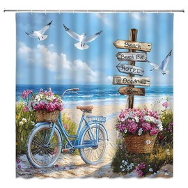 Ocean Beach Bicycle Shower Curtain Tropical Nautical Coastal Pink White Floral Green Leaves Seagull Blue Sea Wave Seasides Scenery Bathroom Decor Polyester Fabric Curtains with Hook 70Wx70H Inches