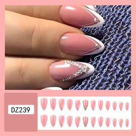 Almond Press on Nails French Tip 24Pcs Glossy Full Cover Medium Acrylic False Nails with Rhinestone Line Designs Natural Artificial Fake Nails Set with Glue Stick on Fingernails for Women Girls