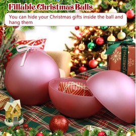 Zubebe 4 Pcs 8" Extra Large Size Christmas Hanging Ball Ornaments with Ribbons Fillable Oversized Huge Big Xmas Christmas Plastic Balls for Outdoor Lawn Yard Tree Hanging Decorations Wedding(Pink)