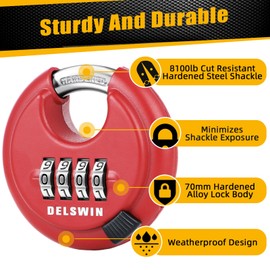 DELSWIN Outdoor Combination Padlock - 4 Digit Heavy Duty Disc Lock with Hardened Shackle,Combo Padlock for Gate,Storage Unit,Fence(25/64" Shackle, Red,1Pcs)