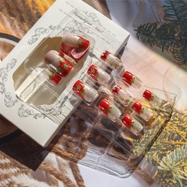 24Pcs Christmas Press on Nails Short Square Fake Nails Christmas Holly Leaves with Glitter Full Cover Tip Glue on Nails Glossy Designs Red French Tip False Nails Winter Xmas Nail Decorations for Women