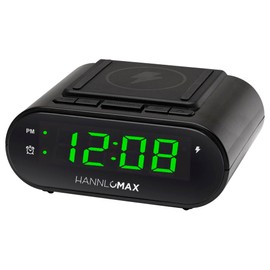 HANNLOMAX HX-207Wi Alarm Clock with 15W Wireless Charger and Dual USB Ports (1 USB Type A & 1 USB Type C) for Charging, Green LED Display, Digital Clock with Alarm, AC Operation only.