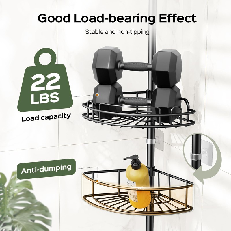 HAMITOR Corner Shower Caddy Tension Pole: 4-Tier Rust-Resistant Adjustable Bathroom
