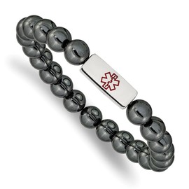 Auriga Fine Jewelry Stainless Steel Polished with Red Enamel Medical ID 8mm Hematite Beaded Stretch Chain Bracelet 6.75"