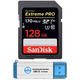 SanDisk Extreme Pro 128GB SDXC Card for Panasonic Camera Compatible with DC-BGH1, DC-S5 Class 10 UHS-1 4K V30 (SDSDXXY-128G-GN4IN) Bundle with (1) Everything But Stromboli 3.0 SD Memory Card Reader