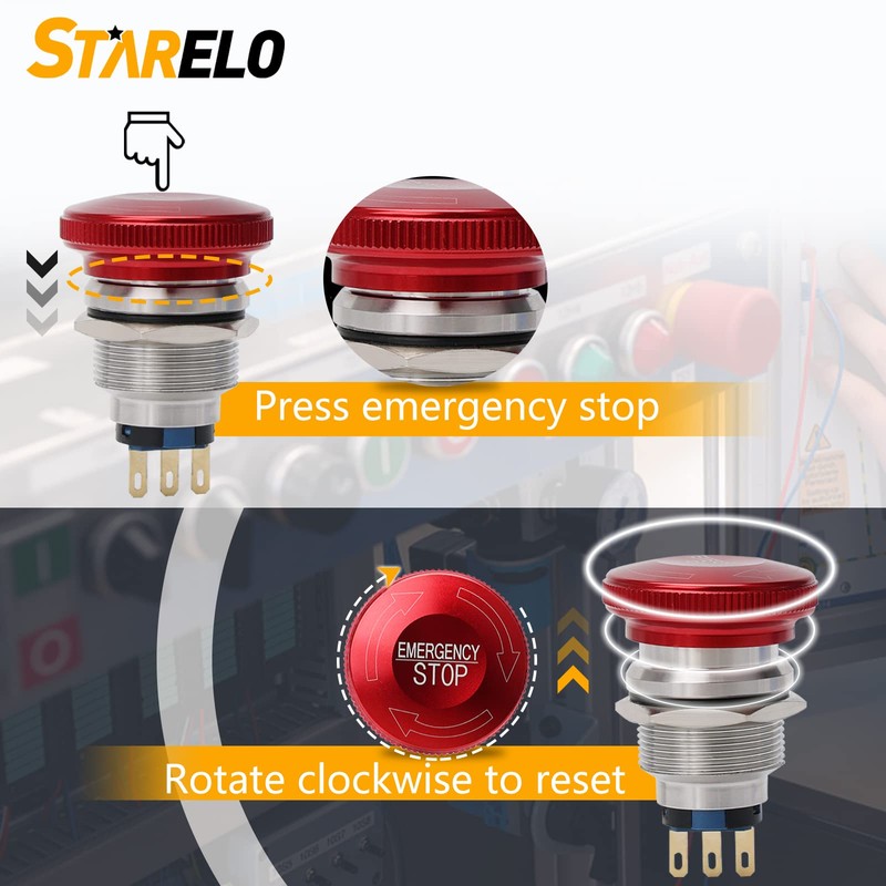 STARELO 22MM Metal Emergency Stop Mushroom Latching Push Button Switch