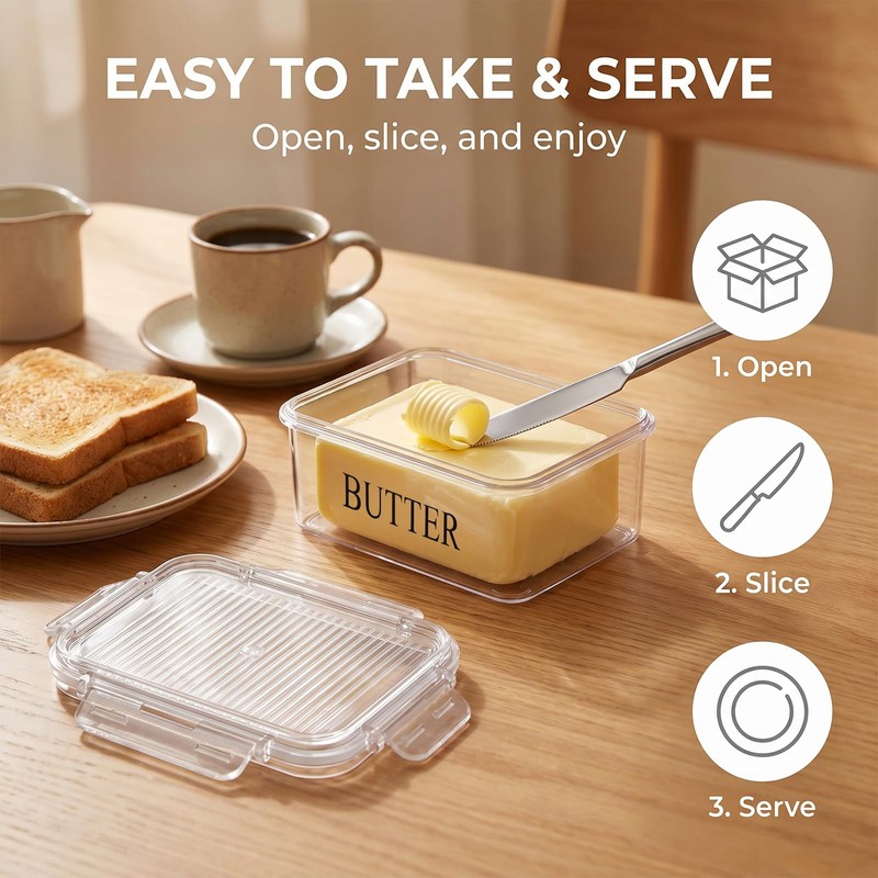 Butter Dish with Lid, PET Butter Keeper with Snap Locks,