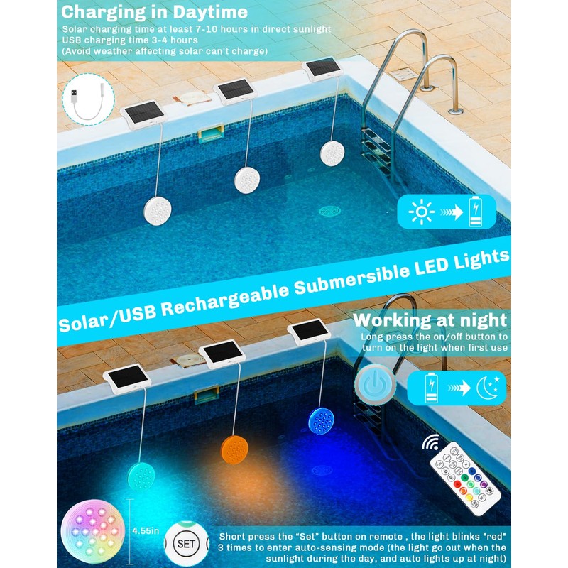 Pool Lights, Upgraded Solar Submersible LED Lights with Remote, 4.55