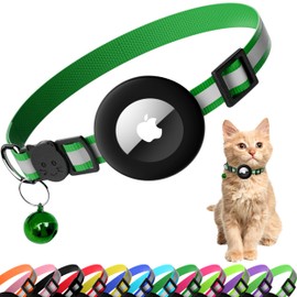 Seyezo Cat Collar with Air Tag Holder, Reflective Kitten Collar with Bell, Breakaway Airtag Cat Collar for Boys Girls Cats, GPS Tracker for Cats 0.4’’ Width Adjustable Safe Kitty Collar, Green