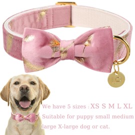 UP URARA PUP Pink Dog Collar with Bowtie, Velet Bowtie & Flower Collar for Small Medium Large Girl Boy Dogs, Feather Dog Collar Match Dog Leash, Pet Collar with Metal Buckle, M, Neck 13.5-22in