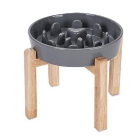 Slow Feeder Dog Bowls with Wooden Stand, Ceramic Fun Slow Eater Bowl for Small Medium Breed (Grey)