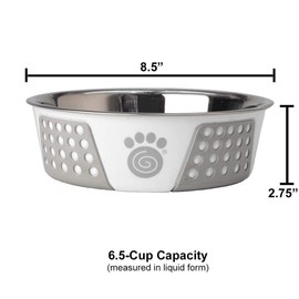 PetRageous 13096 Fiji Stainless Steel Non-Slip Dishwasher Safe Dog Bowl 6.5-Cup Capacity 8.5-inch Diameter 2.75-inch Tall for Large and Extra Large Dogs, White and Light Gray