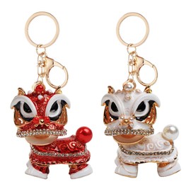 Opexicos 2Pcs Creative Chinese Style Car Key Chain Pendant Dragon Shaped Artificial Diamond Car Key Ring Red White