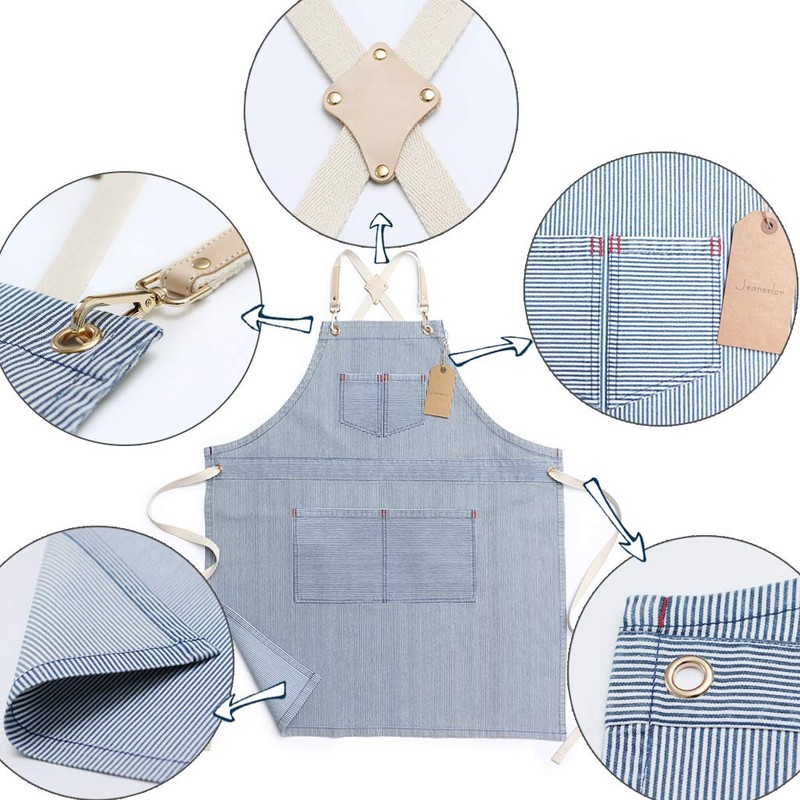 Jeanerlor Blue Striped Denim Aprons for Women and Men -