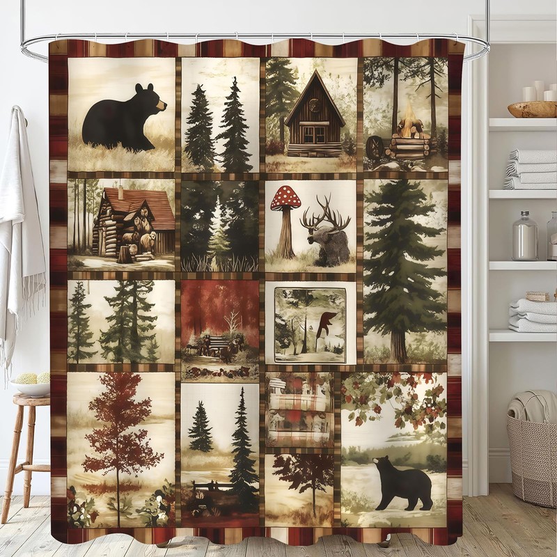 ZCHOMI Rustic Cabin Shower Curtain Farmhouse Country Bear Forest Bathroom
