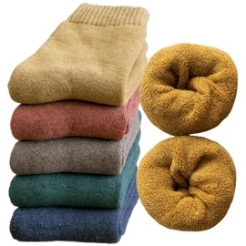 Dress Cici Half Crew Winter Socks, Thick Cushioned Unisex Warm Sock (5 Set: Yellow+Brick Red+Coffee+Green+Navy)