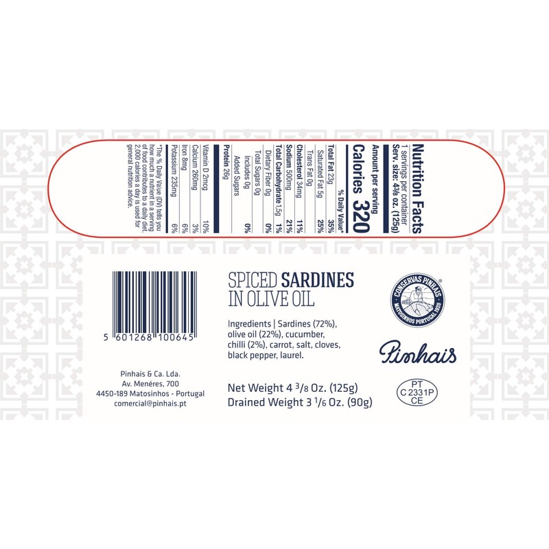 Pinhais Spiced Canned Sardines in Virgin Olive Oil, 4.4oz (Pack
