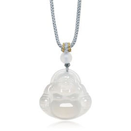 ZHOU LIU FU Chalcedony Necklace Happy Buddha Pendant Necklaces White Gemstone Thread Necklaces Feng Shui Simple Trendy Gifts for Women Men