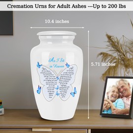 Abooxiu 10 Inches Cremation Urns for Human Ashes Ceramic Keepsake Urn Butterflies Urns for Human Ashes Decorative Urn for Adult Memorial Funeral Ashes Keepsake - As I Sit in Heaven - Up to 200 lbs