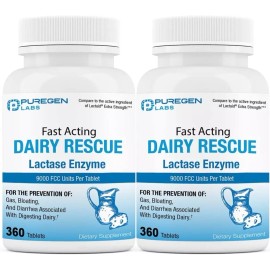 Puregen Dairy Rescue Fast Acting Lactase Enzyme 9000 FCC 360 Tabs 2Pk Exp 05/26