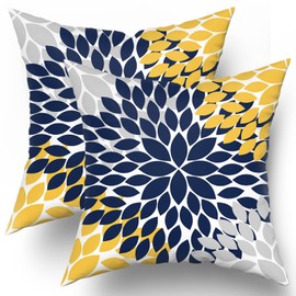 Navy Blue Yellow Pillow Covers 20x20 In Yellow Gray Dahlia Floral Geometric Pillow Cases Set of 2 Elegant Geometry Flower Throw Pillows Spring Summer Home Decor for Couch Room Bed Cushion Outdoor