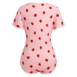 ABAFIP Women's Cute Strawberry Print Short Sleeve Romper Pajamas Bodysuit One Piece Teddy Leotard Top Nightwear Valentine's Day Sleepwear Rose X-Large