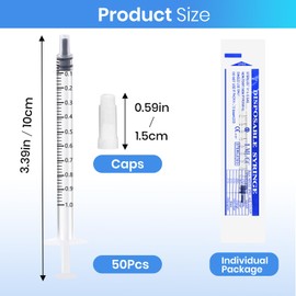Shirune Pack of 50 1 ml plastic syringes with caps (without needles), 1 ml syringe for refilling and measuring liquids, pet feeding (50 pieces)