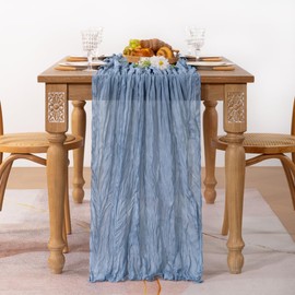 MLMC Dusty Blue Table Runner 10ft Boho Gauze Blue Cheesecloth Table Runner Rustic Cheese Cloth Centerpiece 35x120 Inches for Wedding Bridal Shower Baby Shower Party Decor