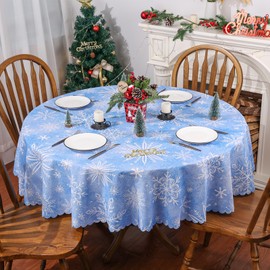 Christmas Tablecloth 70 x 70 Inch Round, Christmas Decorations for Home Snowflake Decorations Blue Christmas Table Cloth Seasonal Winter Holiday Scallop Edge Table Cover Party Table Decorations