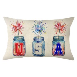 Ogiselestyle 4th of July Patriotic Fireworks Throw Pillow Cover, 12 x 20 Inch Memorial Day Cushion Case for Sofa Couch