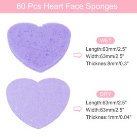 uxcell 60 Count Compressed Facial Sponges Heart-Shaped Face Cleansing Sponges Pads for Daily Skincare Routines at Home, Kitchen, Travel, Purple