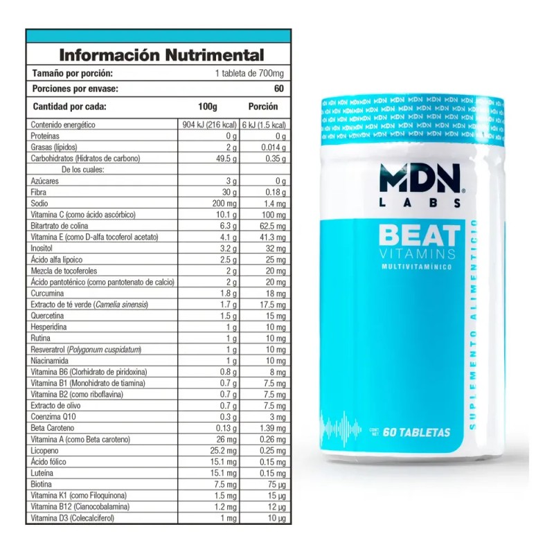 Suplemento Multivitaminico Beat 60 Tabletas Mdn Vitaminas Sin Sabor