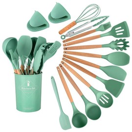 15-piece silicone wooden handle kitchen utensils set, kitchen gadgets (green 15-piece set)