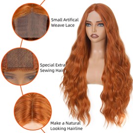 FAVE Long Ginger Wig Middle Part Ginger Orange Wig 28Inch Wavy Wigs for Women Natural Curly Wigs for White Women Synthetic Wig for Daily Party Use