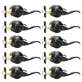 GOBEKOR 10 Pack Matte Black Privacy Door Levers Bedroom Door Handle with Lock Interior Door Handles Keyless Door Lock Wave Bed/Bath Lever