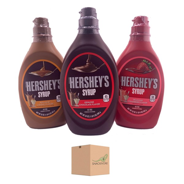 Hershey Syrup Variety Pack, 3 Flavors- Hershey Chocolate Syrup 24oz, Hershey Strawberry Syrup 22oz, and Hershey Caramel Syrup 22oz. 3 Hersheys Syrup Bottles by Snackivore.